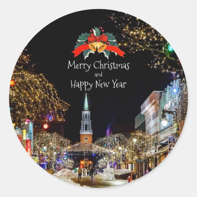 Sticker Rond Fête de Noël, lumières vives et baubles (Devant)