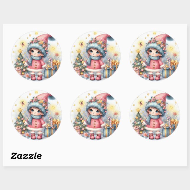 Sticker Rond Fête de Noël mignonne Bébé Fille (Feuille)