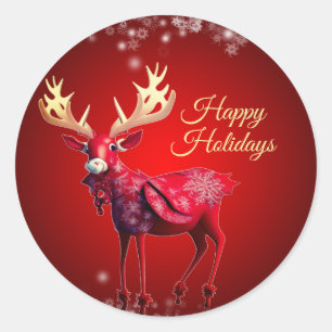 Sticker Rond Fête de Noël Renne Rouge Vacances d'Hiver