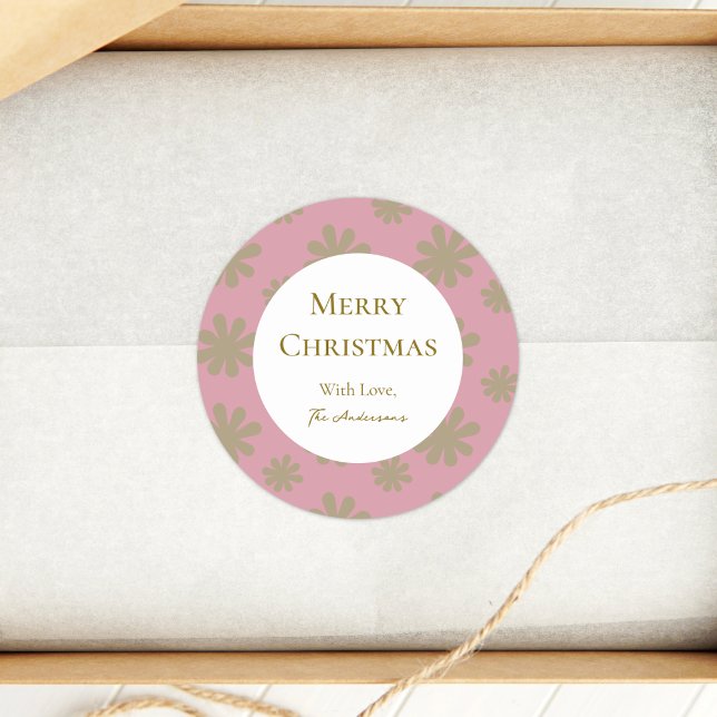 Sticker Rond Fête de Noël rose et or Floral Retro (Créateur téléchargé)