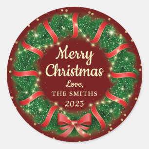 Sticker Rond Fête de Noël Wreath Red Ribbon Gold Parties scinti