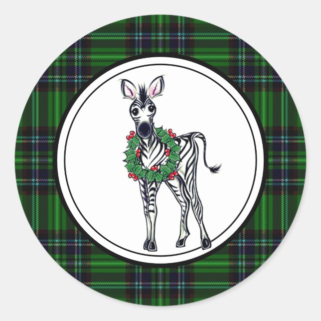 Sticker Rond Fête de Noël Zebra, plaid vert, couronne sainte (Devant)