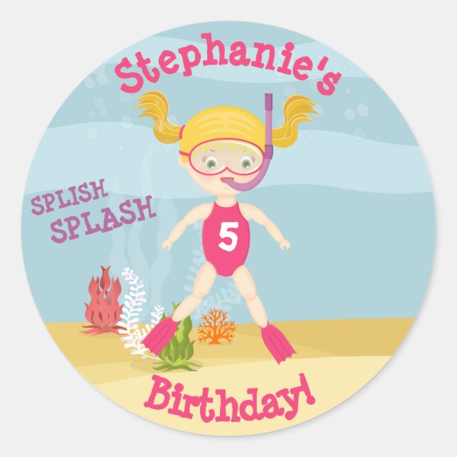 Sticker Rond Fête de Plage de Fille de Snorkeling (Devant)