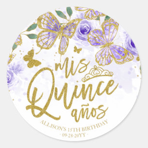 Sticker Rond Fête de Quinceanera Fleur Papillon Violet