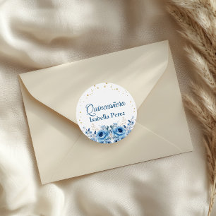 Sticker Rond Fête de Quinceañera Fleurie Bleu Clair et Paillett