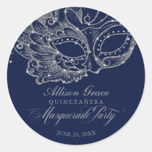 Sticker Rond Fête de Quinceañera Mascarade Argent Bleu