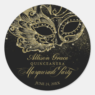 Sticker Rond Fête de Quinceañera Mascarade Or Noir