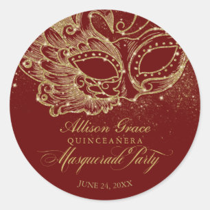 Sticker Rond Fête de Quinceañera Masquerade Or Bourgogne