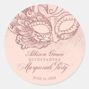 Sticker Rond Fête de Quinceañera Masquerade Rose Gold Rose