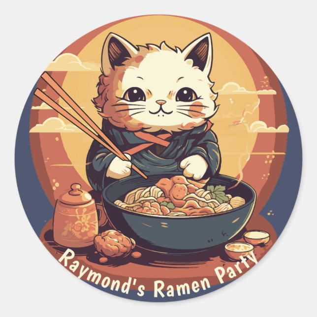 Sticker Rond Fête de Ramen fête d'anniversaire avec Anime Cat (Devant)