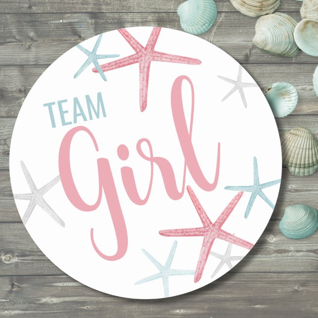 Sticker Rond Fête de révélation du sexe de l'équipe fille (Pink & Blue Team Girl Summer Gender Reveal Party Classic Round Sticker)