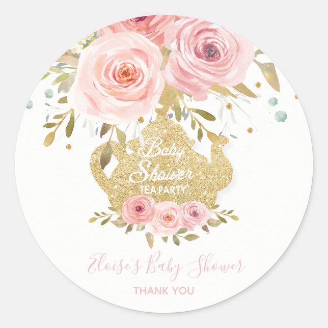 Sticker Rond Fête de thé rose pâle Baby shower Favoriser (Devant)