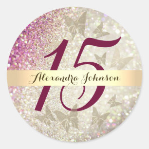 Sticker Rond Fête des 15 ans Rose Pailleté