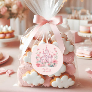 Sticker Rond Fête des 1 an de petites filles Château rose Princ