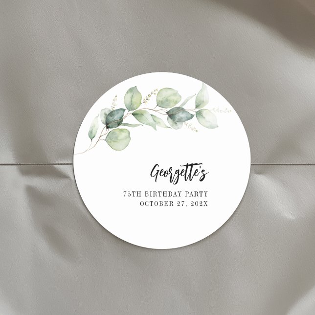 Sticker Rond Fête des 75 ans - Feuillage botanique d'eucalyptus (Eucalyptus Greenery Watercolor 75th Birthday Classic Round Sticker)