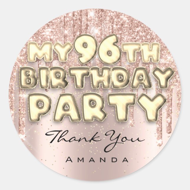 Sticker Rond Fête des 96 ans Merci Paillettes Drips Rose (Devant)
