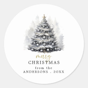 Sticker Rond Fête des arbres de Noël noirs et blancs