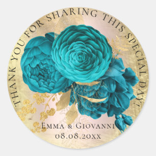 Sticker Rond Fête des mariées 16e Merci Fleur Rose Turquoise