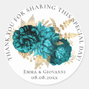 Sticker Rond Fête des mariées 16e Remerciements Turquoises Rose