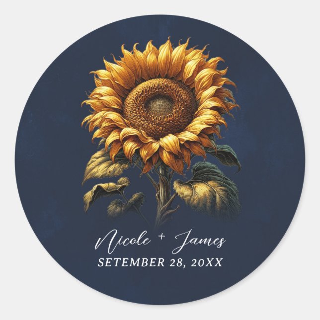 Sticker Rond Fête des mariées de Mariage de tournesol bleu rust (Devant)