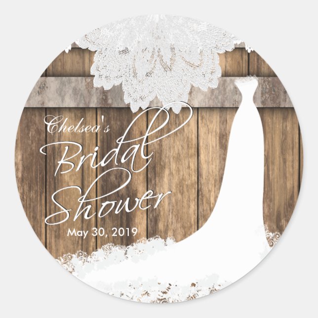 Sticker Rond Fête des mariées en bois rustique & dentelle blanc (Devant)