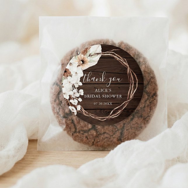 Sticker Rond Fête des mariées Florale Boho Bois rustique (Créateur téléchargé)