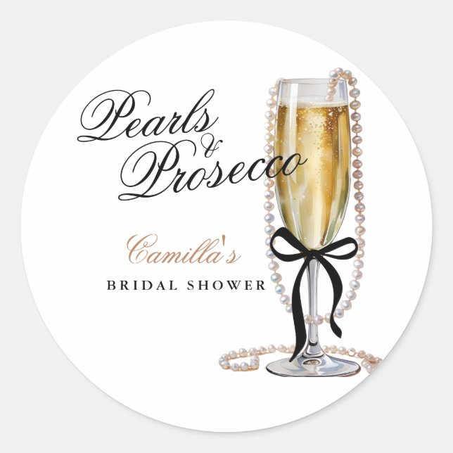 Sticker Rond Fête des mariées Pearl & Prosecco Black Bow (Devant)