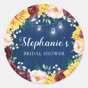 Sticker Rond Fête des mariées Sunflower Navy Blue Mason Jars