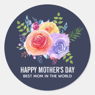 Sticker Rond Fête des Mères Aquarelle Rose Bouquet floral