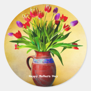 Sticker Rond Fête des mères Vase Vintage et fleurs