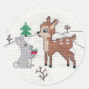 Sticker Rond Fête des neiges et lapin Cross Stitch