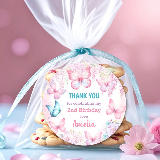 Sticker Rond Fête des papillons rose florale Fille d'été Annive (Butterfly Party Pink Floral Summer Girl Birthday Classic Round Sticker)