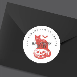 Sticker Rond Fête d'Halloween Chat et Chauve-Souris Citrouille