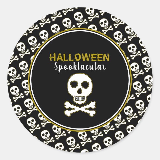 Sticker Rond Fête d'Halloween en or Skull & Bones (Devant)
