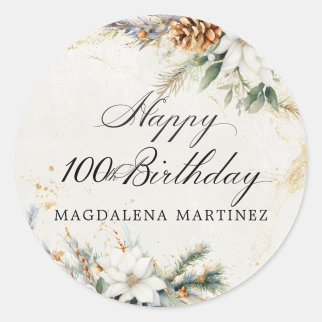 Sticker Rond Fête du 100e anniversaire Fleurs blanches hivernal (Devant)