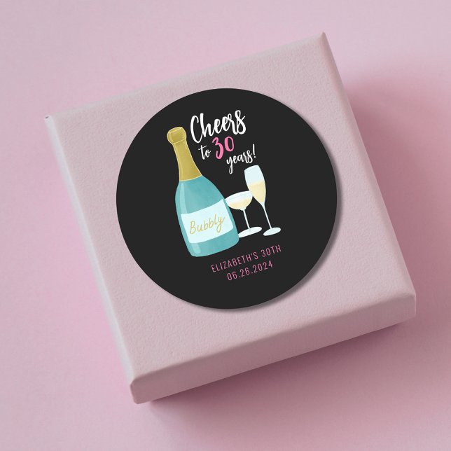 Sticker Rond Fête du 30e anniversaire de 30 ans (Cheers to 30 years round sticker. Perfect for bubbly filled 30th birthday celebrations.)