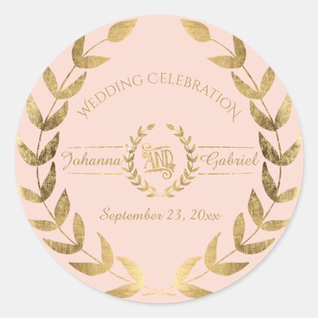Sticker Rond Fête du Mariage d'or rose verdure feuille (Devant)