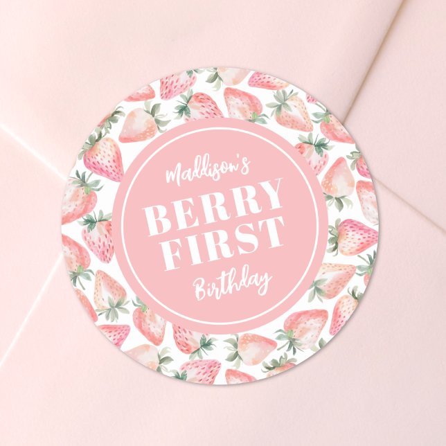Sticker Rond Fête du premier anniversaire Fraise Berry (Strawberry Berry First 1st Birthday Party Classic Round Sticker )