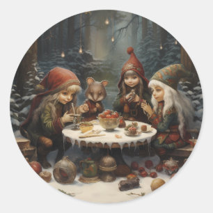 Sticker Rond Fête du thé d'hiver Elf dans les bois Elfes de Noë