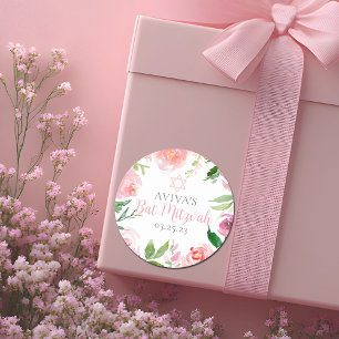 Sticker Rond Fête élégante de Bat Mitzvah Fleurs roses personna