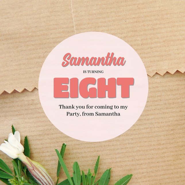 Sticker Rond Fête Fille Rose Huitième Anniversaire (Pink eighth birthday party sticker template. )