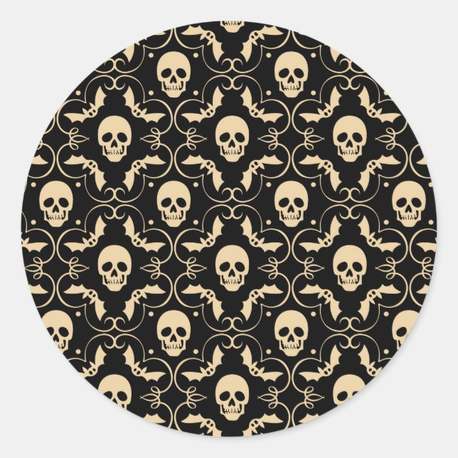 Sticker Rond Fête Halloween Crânes & Chauves-souris Noir & Crèm (Devant)