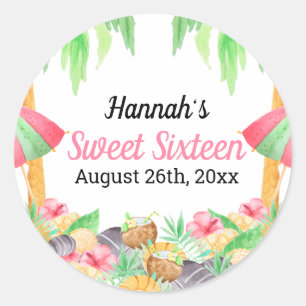 Sticker Rond Fête Hawaïenne Sweet 16 Luau Aquarelle Personnalis