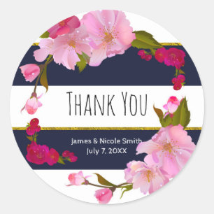 Sticker Rond Fête Moderne Florale Chic Glamour Bleu Blanc et Or