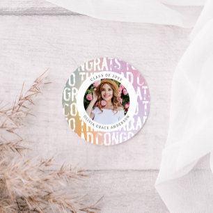 Sticker Rond Fête moderne pastel arc-en-ciel rose photo graduat