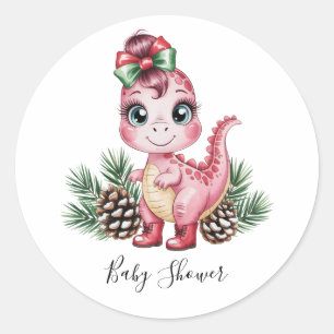 Sticker Rond Fête Prénatale Bébé Fille Dino Rose Noël