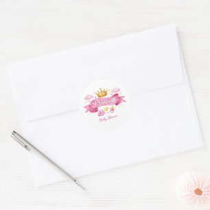 Sticker Rond Fête Prénatale Bébé Fille Princesse Aquarelle Rose