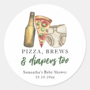 Sticker Rond Fête prénatale Pizza, Bières et Couches aussi 