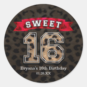 Sticker Rond Fête Sweet 16 Imprimé de léopard noir et rouge pou