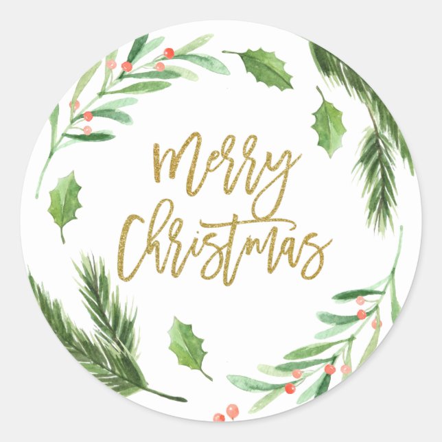 Sticker Rond Feuillage de baie de houx aquarelle Noël (Devant)